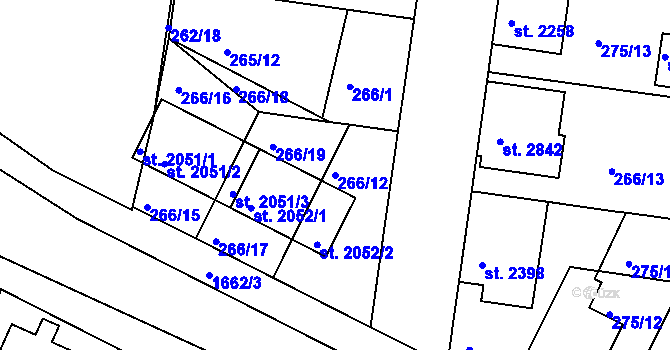 Parcela st. 266/12 v KÚ Nymburk, Katastrální mapa