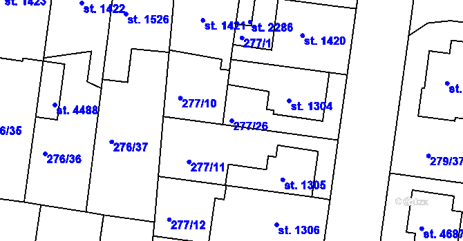 Parcela st. 277/26 v KÚ Nymburk, Katastrální mapa