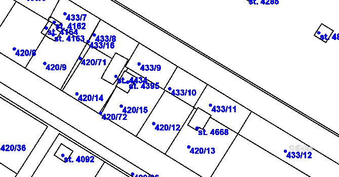 Parcela st. 433/10 v KÚ Nymburk, Katastrální mapa