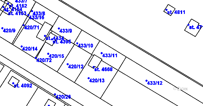 Parcela st. 433/11 v KÚ Nymburk, Katastrální mapa