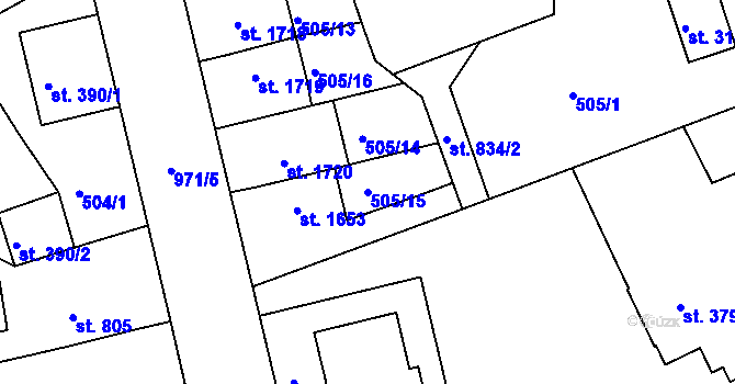 Parcela st. 505/15 v KÚ Nymburk, Katastrální mapa