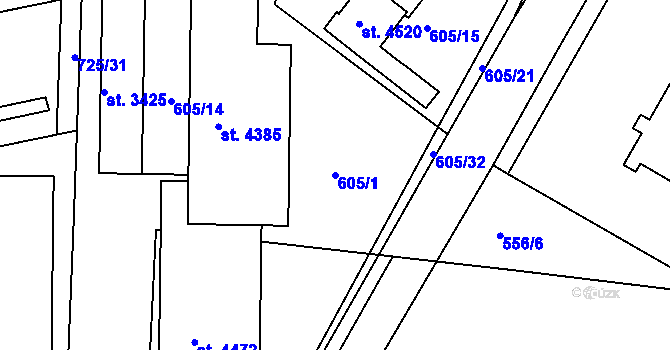 Parcela st. 605/1 v KÚ Nymburk, Katastrální mapa