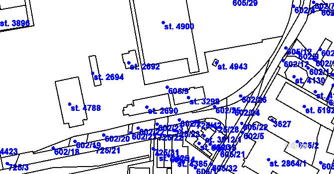 Parcela st. 605/9 v KÚ Nymburk, Katastrální mapa