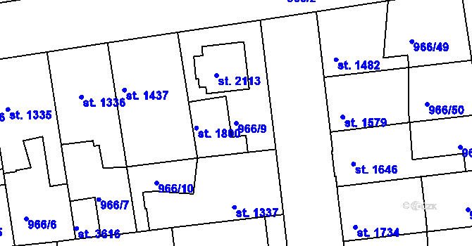 Parcela st. 966/9 v KÚ Nymburk, Katastrální mapa