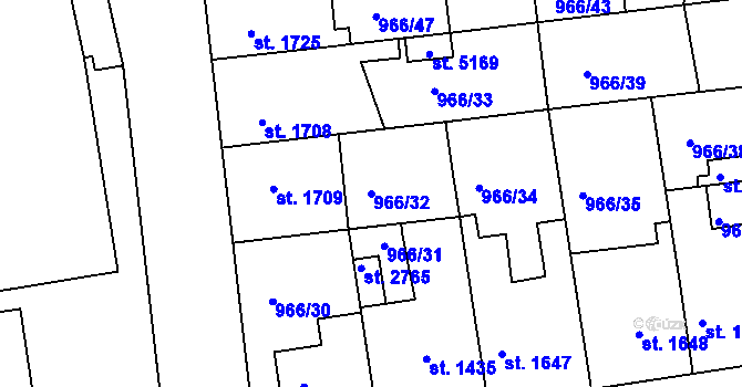 Parcela st. 966/32 v KÚ Nymburk, Katastrální mapa