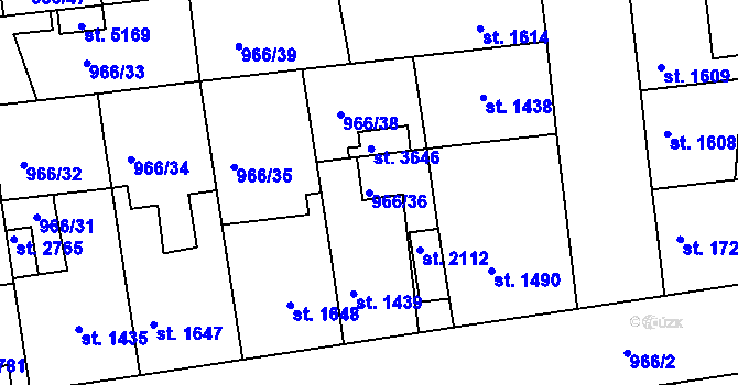 Parcela st. 966/36 v KÚ Nymburk, Katastrální mapa