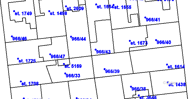 Parcela st. 966/43 v KÚ Nymburk, Katastrální mapa