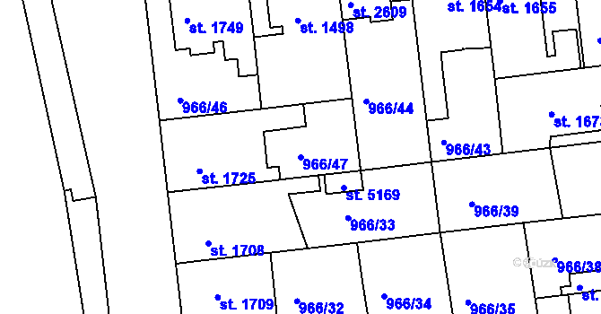 Parcela st. 966/47 v KÚ Nymburk, Katastrální mapa