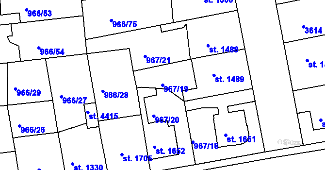 Parcela st. 967/19 v KÚ Nymburk, Katastrální mapa