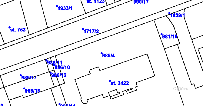 Parcela st. 986/4 v KÚ Nymburk, Katastrální mapa