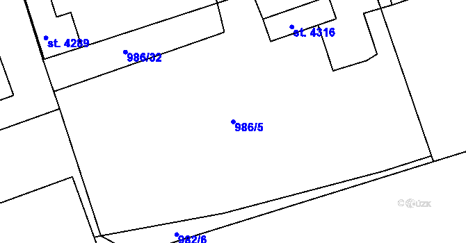 Parcela st. 986/5 v KÚ Nymburk, Katastrální mapa