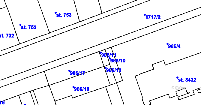 Parcela st. 986/11 v KÚ Nymburk, Katastrální mapa