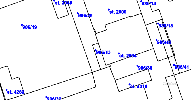 Parcela st. 986/13 v KÚ Nymburk, Katastrální mapa