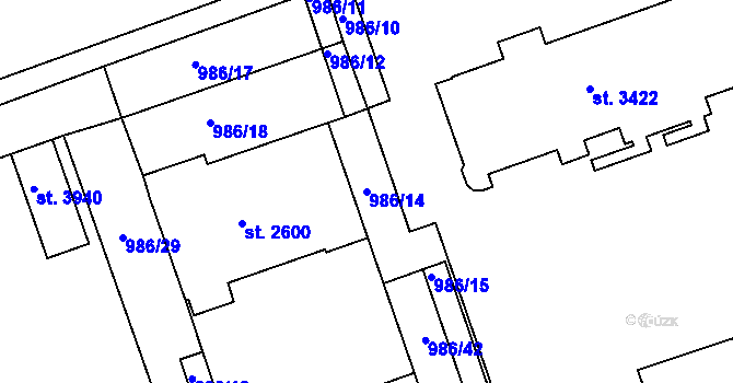 Parcela st. 986/14 v KÚ Nymburk, Katastrální mapa
