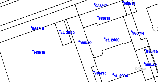 Parcela st. 986/29 v KÚ Nymburk, Katastrální mapa