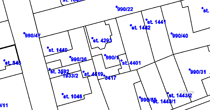 Parcela st. 990/1 v KÚ Nymburk, Katastrální mapa