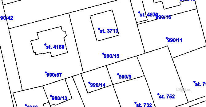 Parcela st. 990/15 v KÚ Nymburk, Katastrální mapa
