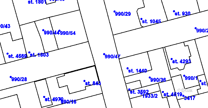 Parcela st. 990/47 v KÚ Nymburk, Katastrální mapa