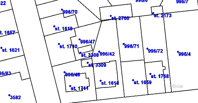 Parcela st. 996/42 v KÚ Nymburk, Katastrální mapa
