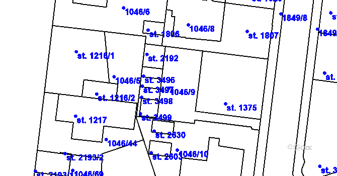 Parcela st. 1046/9 v KÚ Nymburk, Katastrální mapa