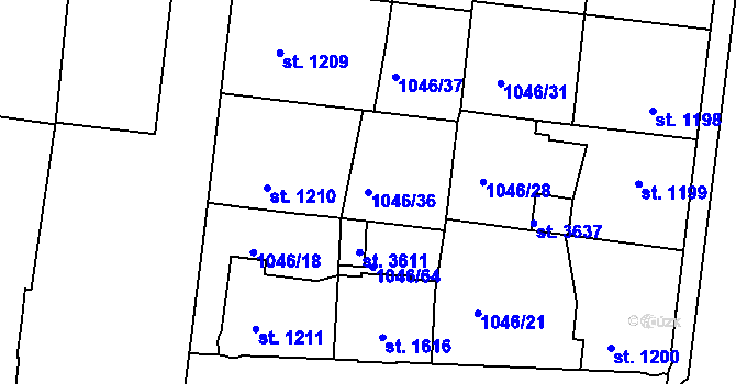 Parcela st. 1046/36 v KÚ Nymburk, Katastrální mapa