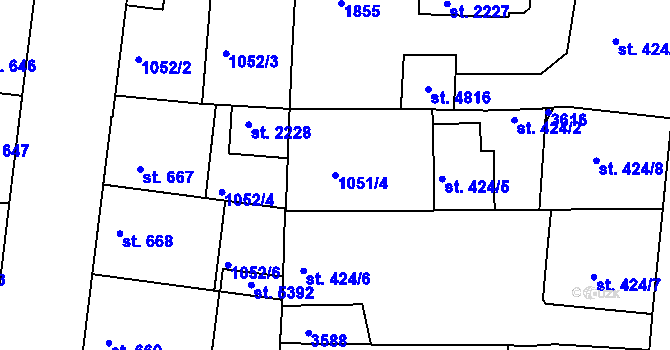 Parcela st. 1051/4 v KÚ Nymburk, Katastrální mapa
