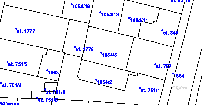 Parcela st. 1054/3 v KÚ Nymburk, Katastrální mapa