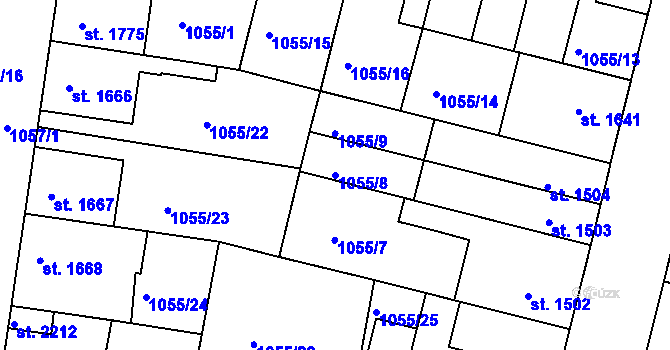 Parcela st. 1055/8 v KÚ Nymburk, Katastrální mapa
