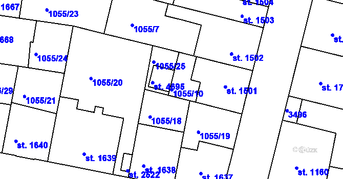 Parcela st. 1055/10 v KÚ Nymburk, Katastrální mapa
