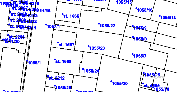 Parcela st. 1055/23 v KÚ Nymburk, Katastrální mapa