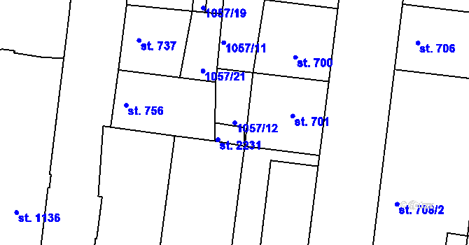Parcela st. 1057/12 v KÚ Nymburk, Katastrální mapa