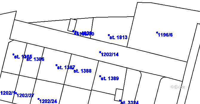 Parcela st. 1202/14 v KÚ Nymburk, Katastrální mapa