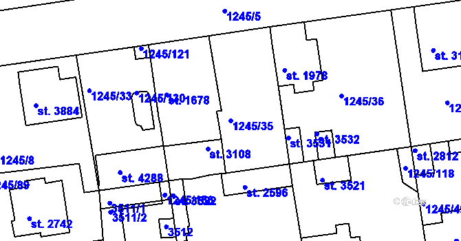 Parcela st. 1245/35 v KÚ Nymburk, Katastrální mapa