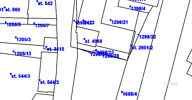 Parcela st. 1298/23 v KÚ Nymburk, Katastrální mapa