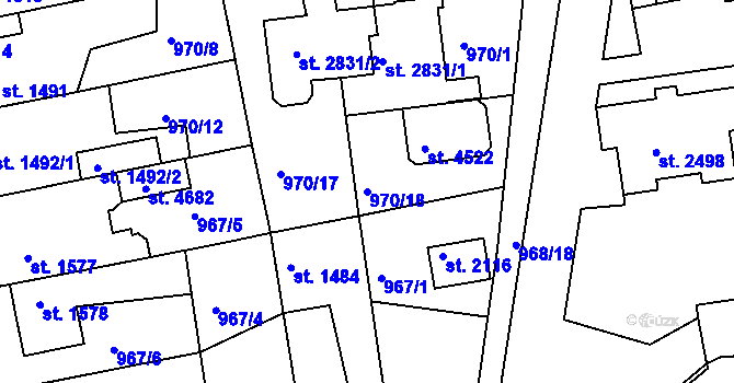 Parcela st. 970/18 v KÚ Nymburk, Katastrální mapa