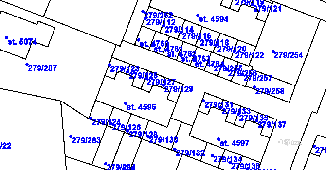 Parcela st. 279/129 v KÚ Nymburk, Katastrální mapa