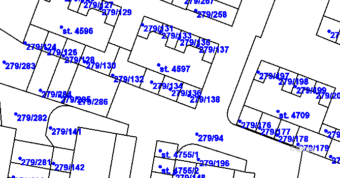 Parcela st. 279/136 v KÚ Nymburk, Katastrální mapa