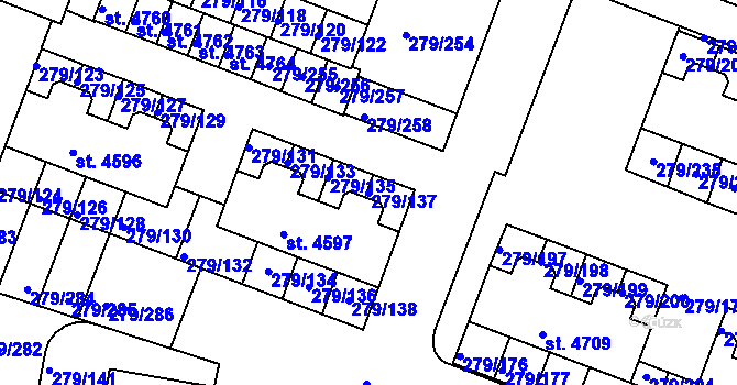 Parcela st. 279/137 v KÚ Nymburk, Katastrální mapa