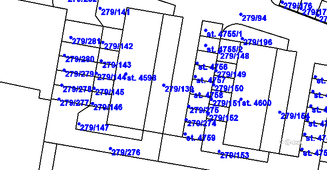Parcela st. 279/139 v KÚ Nymburk, Katastrální mapa