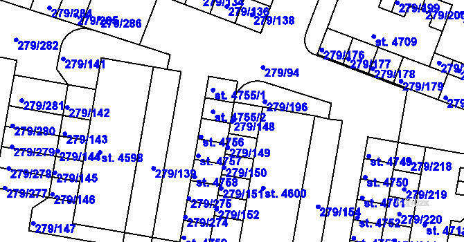 Parcela st. 279/148 v KÚ Nymburk, Katastrální mapa
