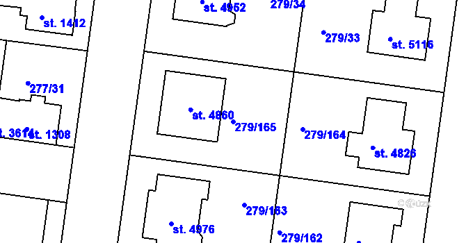 Parcela st. 279/165 v KÚ Nymburk, Katastrální mapa