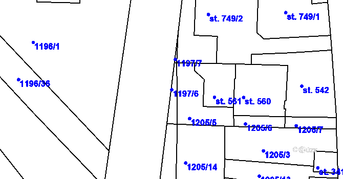 Parcela st. 1197/6 v KÚ Nymburk, Katastrální mapa