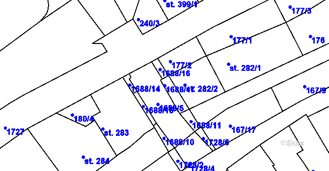 Parcela st. 1688/17 v KÚ Nymburk, Katastrální mapa