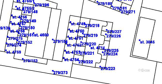 Parcela st. 279/220 v KÚ Nymburk, Katastrální mapa