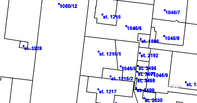 Parcela st. 1216/1 v KÚ Nymburk, Katastrální mapa