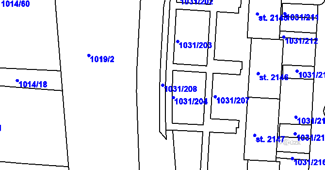 Parcela st. 1031/208 v KÚ Nymburk, Katastrální mapa