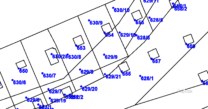 Parcela st. 629/9 v KÚ Drahelice, Katastrální mapa