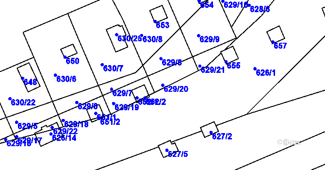 Parcela st. 629/20 v KÚ Drahelice, Katastrální mapa