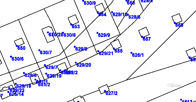 Parcela st. 629/21 v KÚ Drahelice, Katastrální mapa