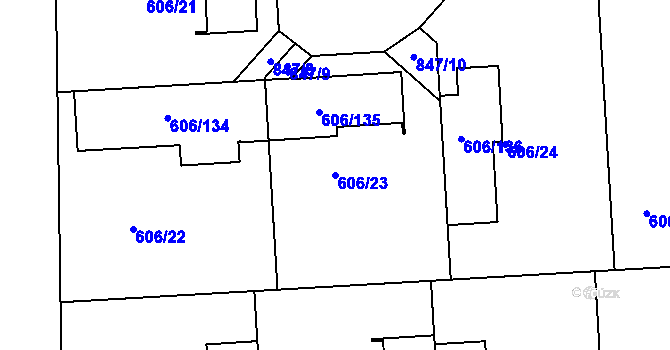 Parcela st. 606/23 v KÚ Drahelice, Katastrální mapa